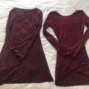 A Line + Ruche Front Pair Long Sleeve Maroon Dresses